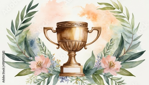 A beautiful watercolor illustration of a golden trophy surrounded by delicate flowers and green leaves, symbolizing victory and celebration in an artistic style. photo