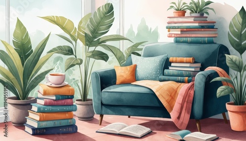 A colorful and cozy reading nook featuring a plush sofa, stacked books, and lush plants, creating a warm ambiance perfect for relaxation and inspiration. photo