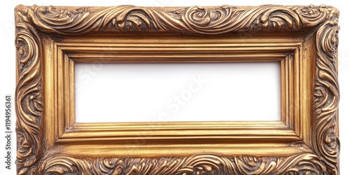 Ornate antique gold picture frame with intricate scrolling design on edges, empty center for images, set against a plain white background. photo