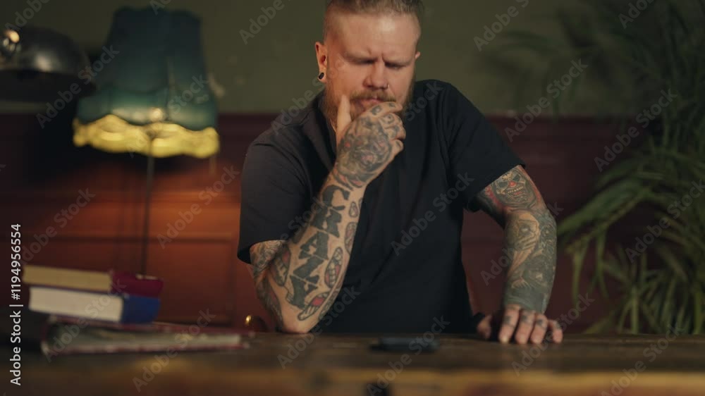 Worried man waiting message in mobile chat, looking at display of smartphone. Portrait of handsome male person with mobile phone, internet addiction, using social media in mobile applications