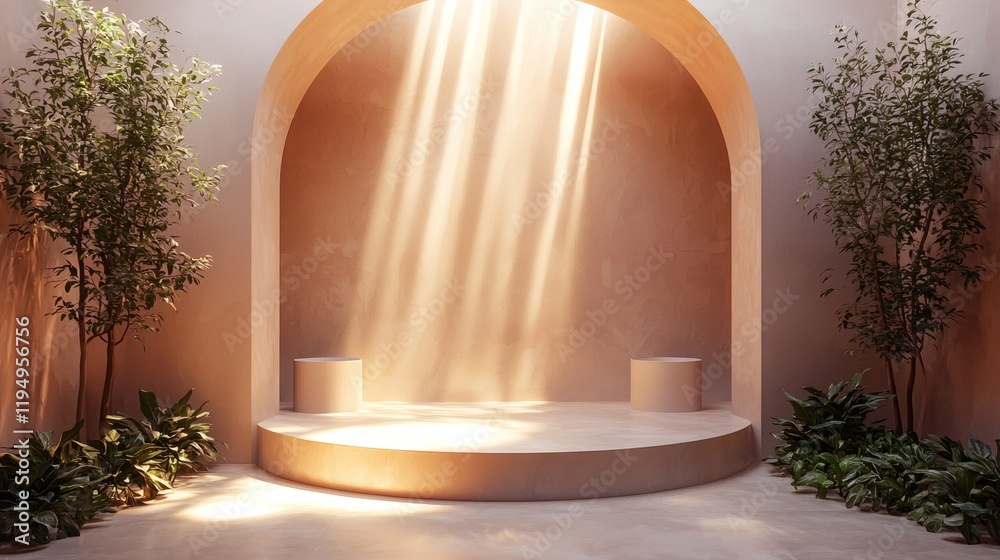 Fototapeta premium Sunbeams Through Archway: A minimalist interior design concept with a circular stage bathed in warm sunlight streaming through a majestic archway. Lush greenery frames the scene.