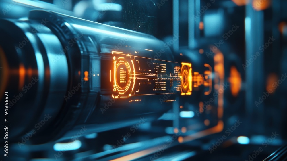 A closeup of a smart sensor embedded in machinery with luminous icons indicating how AI processes its data to forecast equipment performance and downtime. A closeup of a smart sensor embedded in machinery with luminous icons indicating how AI processes its data to forecast equipment performance and downtime.