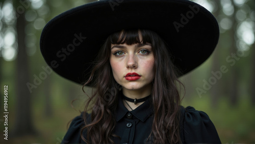 Woman with bold makeup and large hat poses in a forest during overcast weather