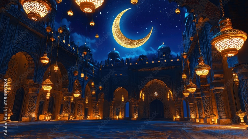 Obraz premium Night Scene of Majestic Islamic Architecture under Crescent Moon