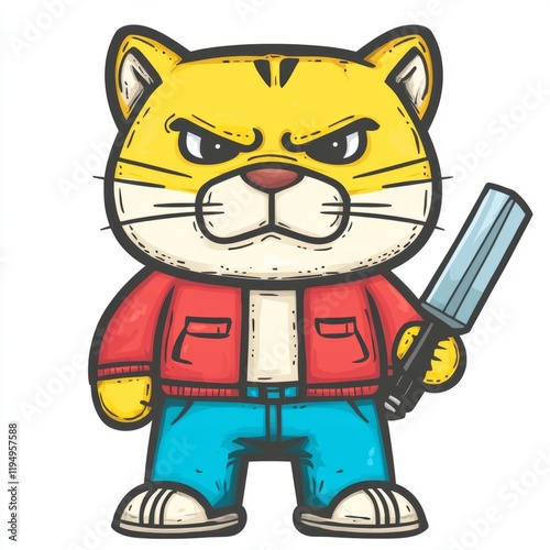 Angry Cartoon Cat Holding a Blade in Retro Outfit photo