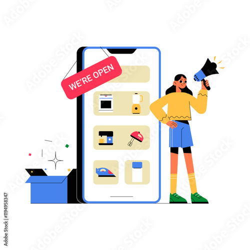 Smartphone Displaying Online Store With Female Promoter, Flat Vector Illustration Symbolizing Digital Shopping, E Commerce, And Promotions, Isolated On White Background