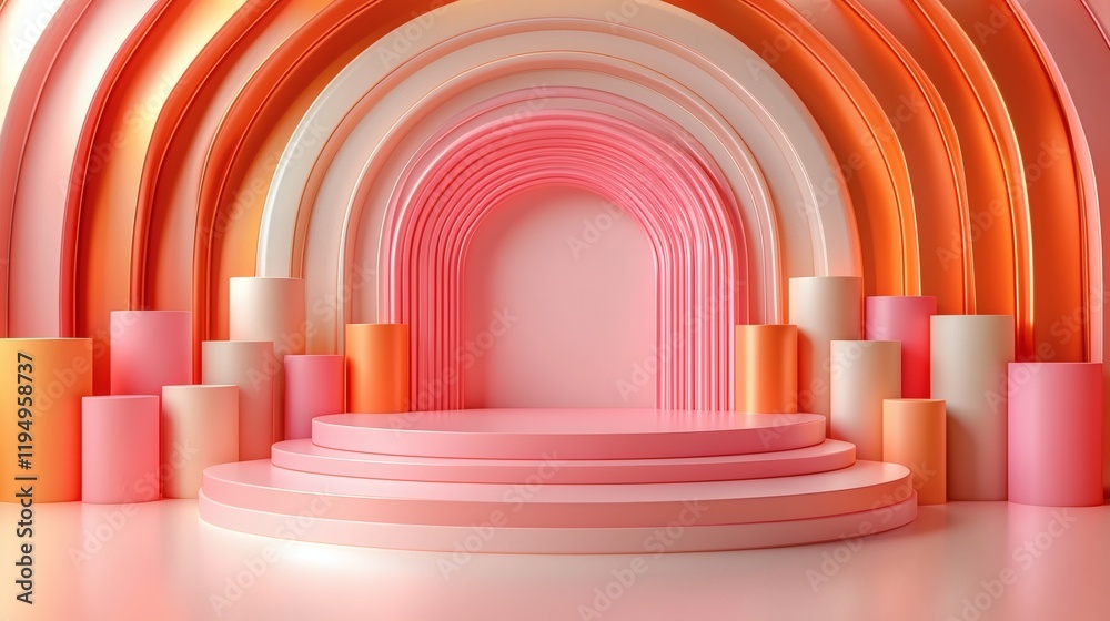 Pastel Archway: A whimsical and minimalist backdrop featuring a vibrant pastel color palette, with a series of arches and cylindrical elements. The perfect setting for showcasing products, brands.