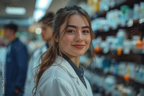 Generative AI Image of Pharmacist at Work in a Pharmacy, medication sphere, meds prescription photo