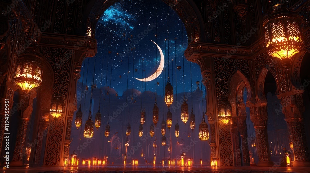 Obraz premium Enchanted Ramadan Night: A Digital Vision of Islamic Architecture under a Crescent Moon