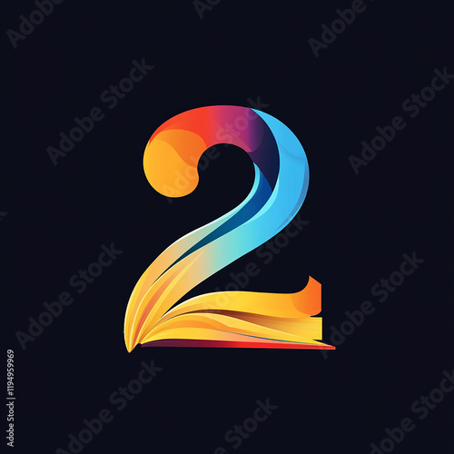 Vibrant Number 2 Emerging from an Open Book. This creative logo features a dynamic and colorful number 2 flowing seamlessly from the pages of an open book. 