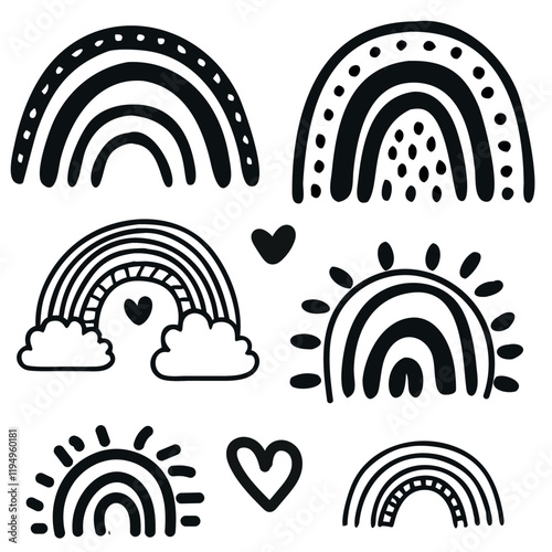 Set of rainbows with symbols and hearts, Vector geometric style isolated on white background. Perfect for wallpaper, t-shirt,  kids, posters, prints, cards, fabric. 