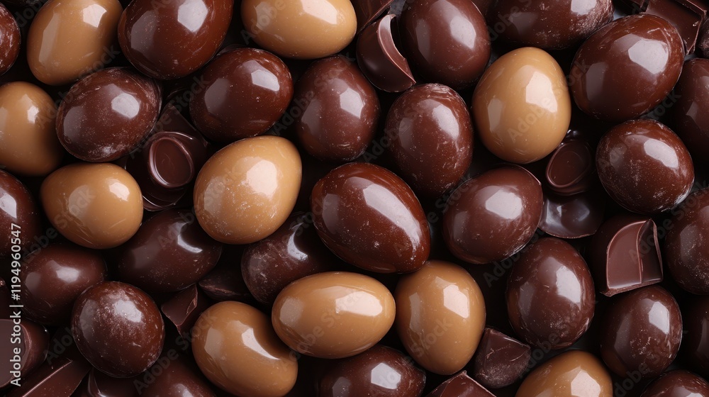 A close-up view of a delightful assortment of chocolate-covered almonds, showcasing their glossy finish and tempting appearance perfect for Easter treats.