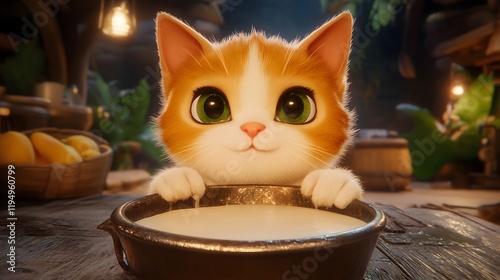Cat in Milk - Cartoon Styled Illustration