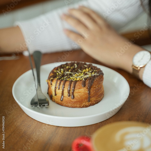Close up photography of young beautiful Asian women ready to enjoying cake at coffee shop.