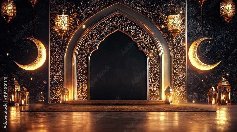 Obraz premium Ramadan Kareem: Golden Archway and Crescent Moons