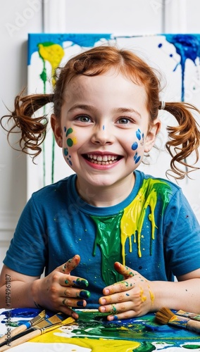 Happy little girl covered in paint surrounded by brushes and a vibrant abstract painting in background. Happiness or creative, playing or art fun and cheerful or excited young child with painting