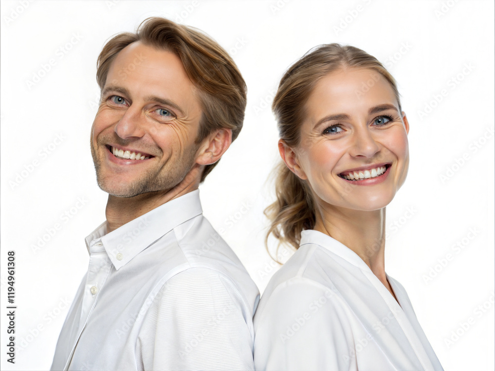 Smiling Professional Couple in White Shirts - Confident man and woman standing back-to-back, smiling brightly in white shirts, symbolizing teamwork, positivity, and partnership.
Smiling Professional Couple in White Shirts - Confident man and woman standing back-to-back, smiling brightly in white shirts, symbolizing teamwork, positivity, and partnership.