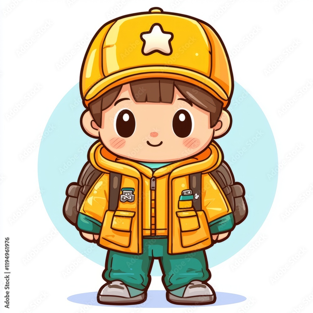 Fototapeta premium Cute Cartoon Boy Wearing Yellow Jacket Backpack And Cap