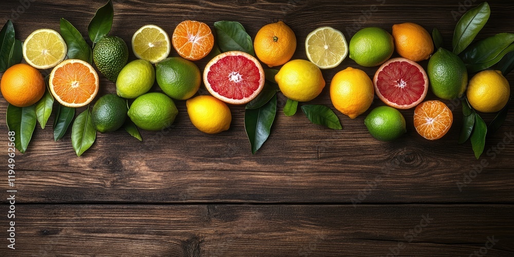 Vibrant display of assorted citrus fruits including grapefruit limes lemons and oranges arranged on a dark wooden table with green leaves Vibrant display of assorted citrus fruits including grapefruit limes lemons and oranges arranged on a dark wooden table with green leaves