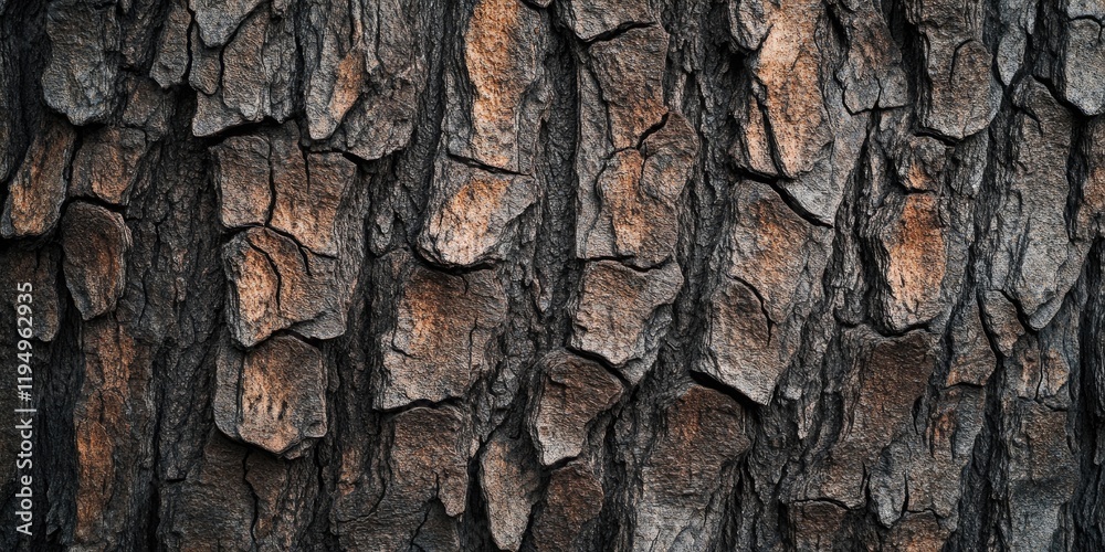 Textured bark of an old candlenut tree in dark brown and gray tones with rugged, irregular patterns and hints of orange highlights throughout. Textured bark of an old candlenut tree in dark brown and gray tones with rugged, irregular patterns and hints of orange highlights throughout.