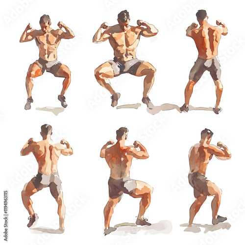 A watercolor of bodyweight exercises, isolated on a white background. Bodyweight exercises vector.
