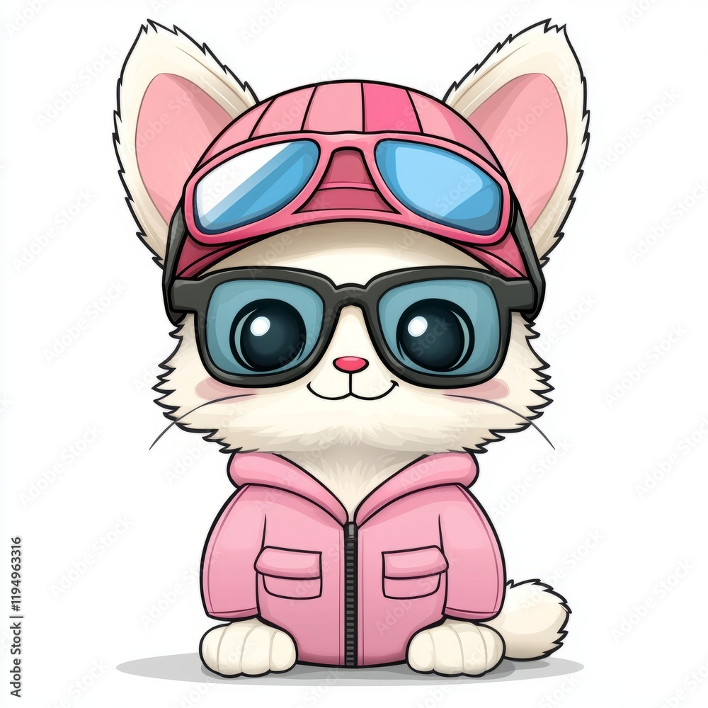 Fototapeta premium Adorable Cat Wearing Pink Winter Outfit and Sunglasses