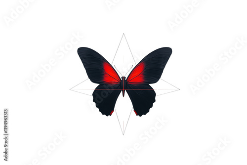 A striking butterfly with dark wings and vivid red accents, featuring symmetrical patterns that create a captivating visual effect. photo