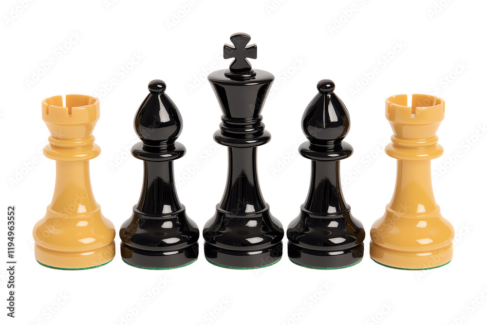 A set of chess pieces showcasing a black king and queen alongside a yellow rook, featuring glossy finishes and distinct designs. A set of chess pieces showcasing a black king and queen alongside a yellow rook, featuring glossy finishes and distinct designs.
