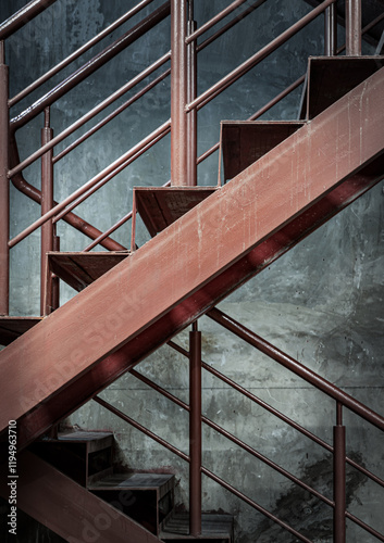 Obraz na płótnie Vertical view of Old Steel ladder with handrails with concrete wall in the background. Side view of Metal steps, Dark tone, Copy space, Selective Focus. w salonie