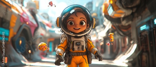 A Boy Astronaut From A Fantasy City. Illustration On The Theme Of Space, Cartoons And Space Travel. Generative AI	
 photo