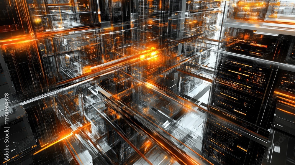 A bustling server room with numerous interconnected servers and bright orange cables, symbolizing advanced data processing and technological infrastructure. A bustling server room with numerous interconnected servers and bright orange cables, symbolizing advanced data processing and technological infrastructure.