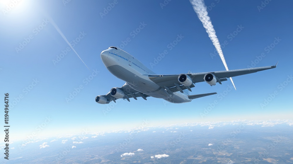 Naklejka premium A cargo plane flying through a crisp, clear blue sky, leaving behind trails of contrails, symbolizing efficient transportation and logistics.