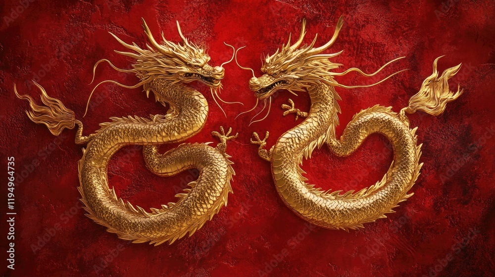 Fototapeta premium Golden Dragons Facing Each Other on Red Background in Detail