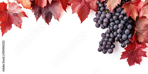 Autumn-themed design showcasing vibrant red maiden grape leaves and dark grapes against a clean white background ideal for text placement