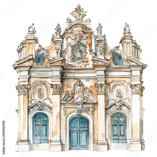 A watercolor clipart of Baroque architecture, isolated on a white background. Baroque architecture vector.
