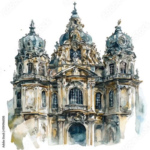 A watercolor clipart of Baroque architecture, isolated on a white background. Baroque architecture vector.
