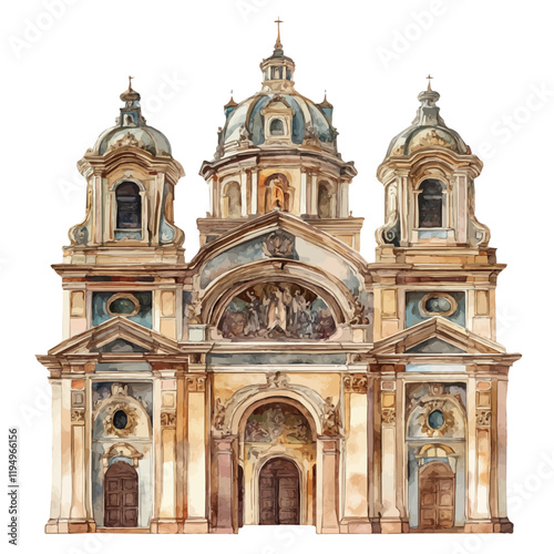 A watercolor clipart of Baroque architecture, isolated on a white background. Baroque architecture vector.
