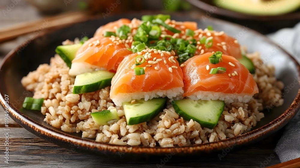 Gourmet Sushi with Avocado, Salmon, Cucumber, Sesame Seeds Gourmet Sushi with Avocado, Salmon, Cucumber, Sesame Seeds