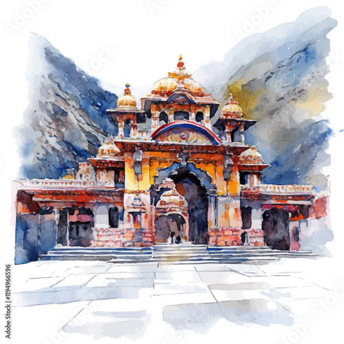 A watercolor painting of Badrinath Temple, isolated on a white background. Badrinath Temple vector.

