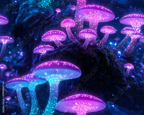 Glowing bioluminescent mushrooms in a dark, magical forest.  Vibrant purple and blue hues illuminate the scene. Perfect for fantasy, mystical, or nature themes. photo