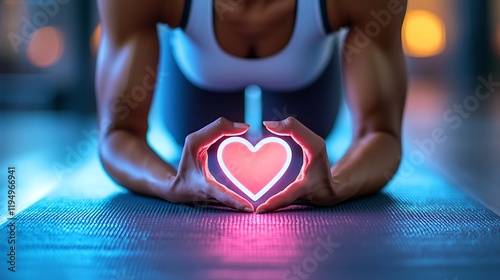 A home workout scene with a person doing planks on a yoga mat, a glowing heart symbol visible on a fitness app screen nearby, symbol health and wellbeing