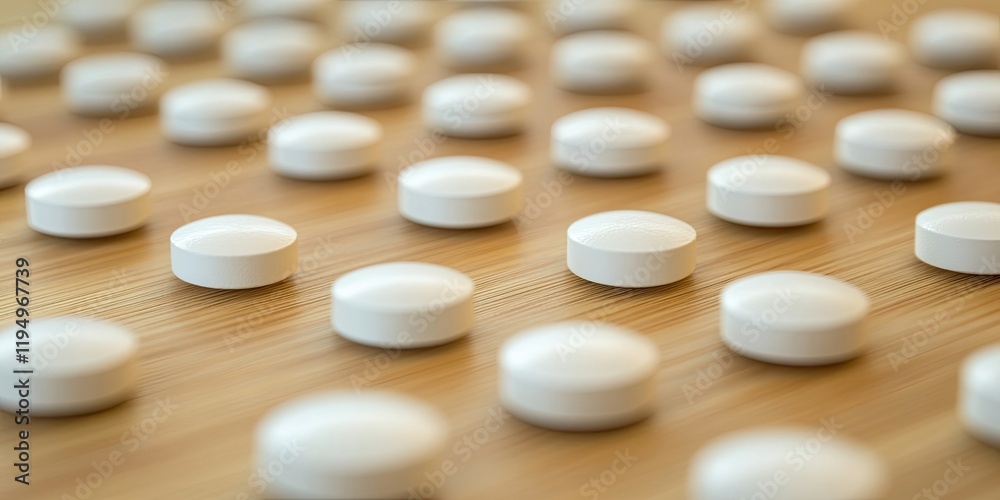 White tablets arranged symmetrically on a light wooden surface with a soft focus effect creating an inviting and clean atmosphere. White tablets arranged symmetrically on a light wooden surface with a soft focus effect creating an inviting and clean atmosphere.