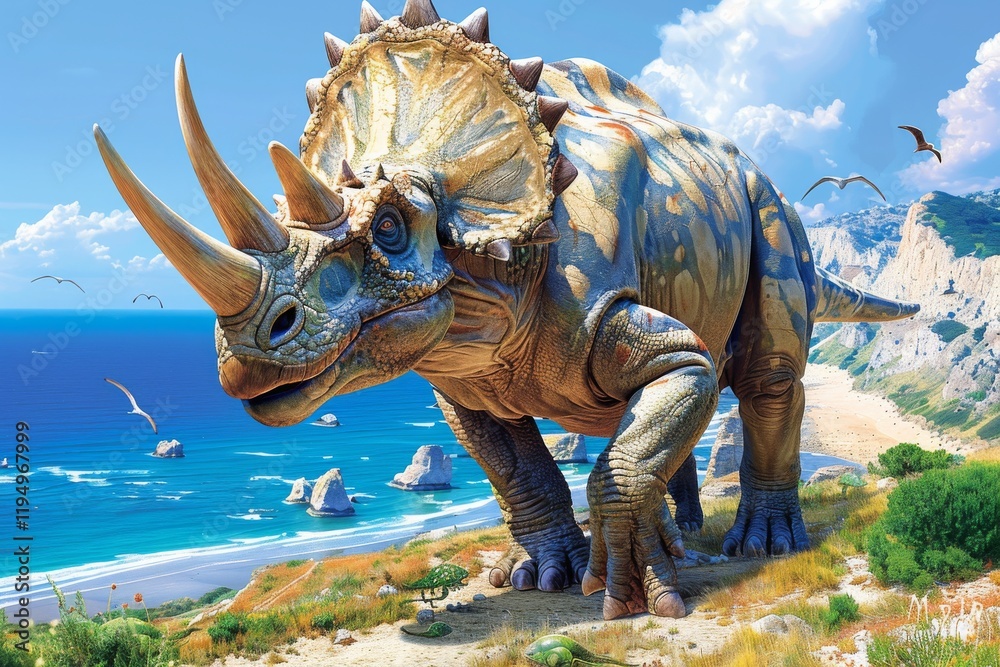 Fototapeta premium Majestic triceratops stands on a beach beside the ocean under a bright blue sky