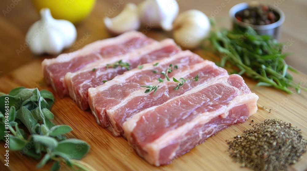 A close-up of marinated raw pork belly slices on a wooden cutting board, surrounded by fresh herbs, garlic, and spices, ready to be grilled. A close-up of marinated raw pork belly slices on a wooden cutting board, surrounded by fresh herbs, garlic, and spices, ready to be grilled.