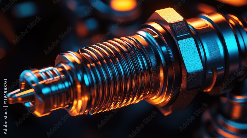A close-up shot of a spark plug, showcasing its intricate details and metallic textures, illuminated with vibrant lighting to highlight its design A close-up shot of a spark plug, showcasing its intricate details and metallic textures, illuminated with vibrant lighting to highlight its design