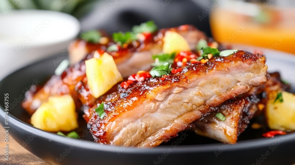 Crispy pork ribs glazed with a tangy pineapple and chili sauce Crispy pork ribs glazed with a tangy pineapple and chili sauce