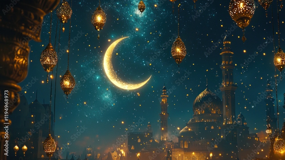 Fototapeta premium Ramadan Nightscape:Crescent Moon & Golden Mosque