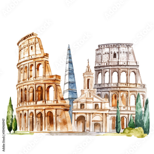 A watercolor painting of architectural monuments, isolated on a white background. Architectural monuments vector.
