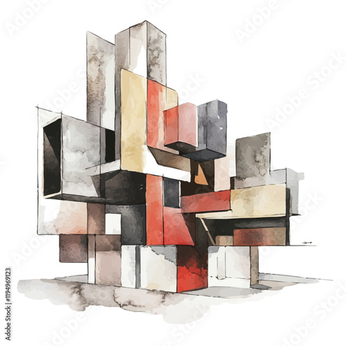 A watercolor vector of architectural models, isolated on a white background. Architectural models vector.
