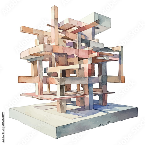 A watercolor vector of architectural models, isolated on a white background. Architectural models vector.
